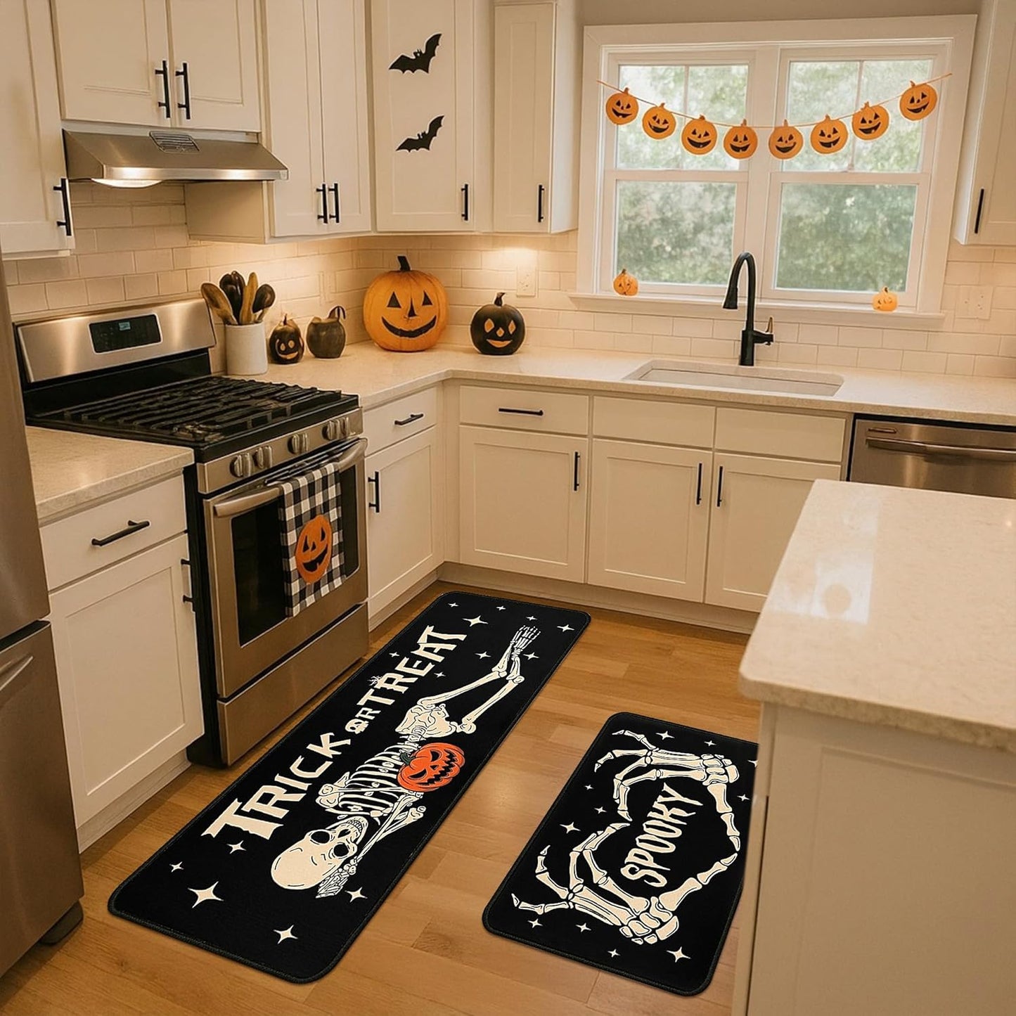 2 Piece Halloween Kitchen Decor Rugs Set,Skeleton Kitchen Rugs and Mats Non Skid Washable Absorbent Kitchen Accessories Decoration Floor Mats 17"x47"+17"x30"