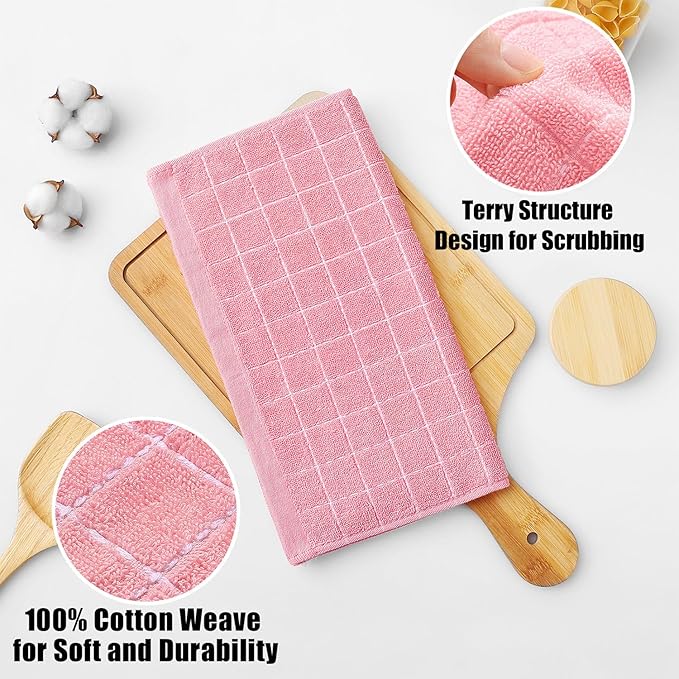 Homaxy 100% Cotton Terry Kitchen Dish Cloths, Ultra Soft and Absorbent Dish Towels for Kitchen, Suitable for Drying and Washing Dishes, 12 Pack, 12 x 12 Inches, Pink