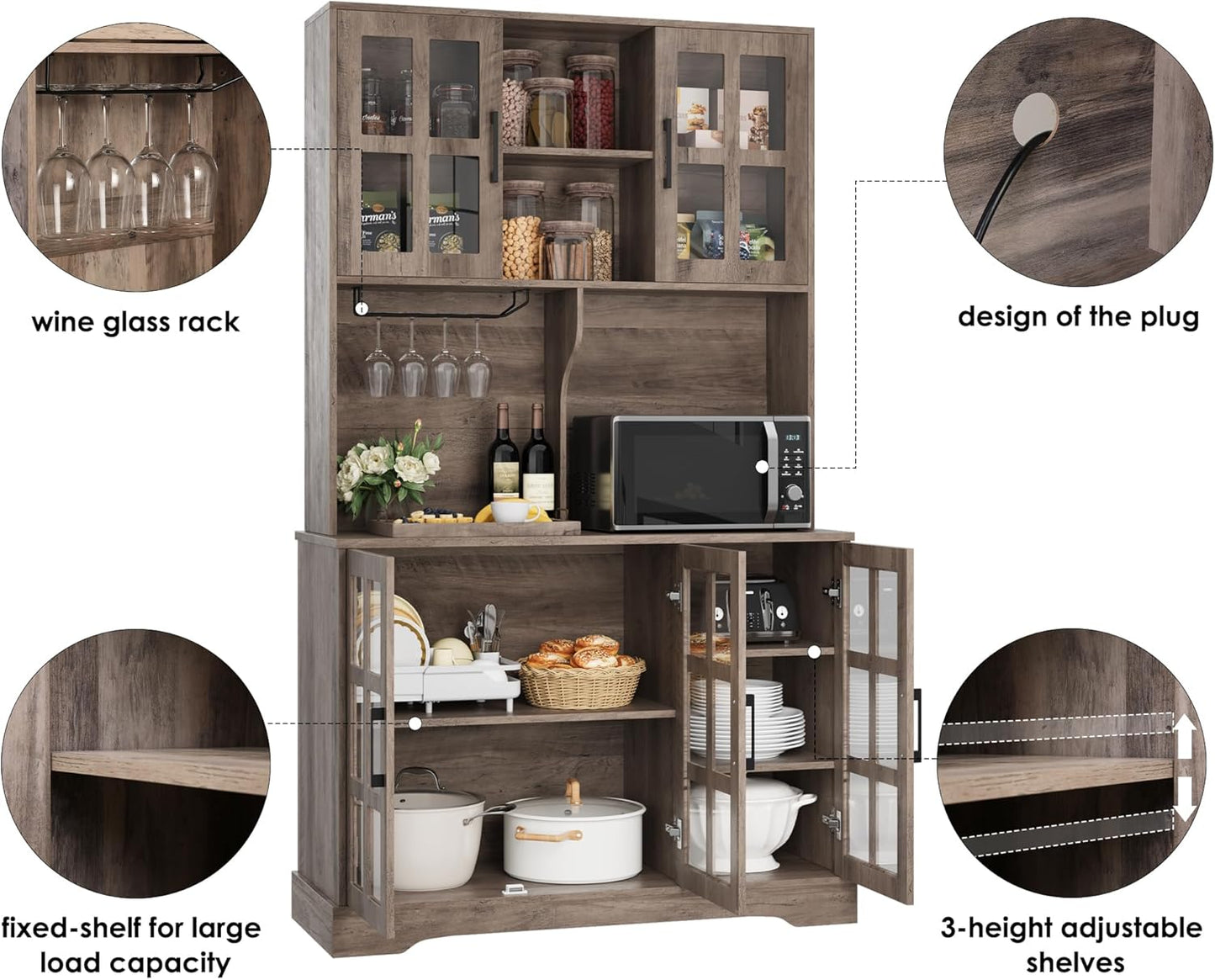 Keyluv Kitchen Pantry Storage Cabinet 71" Tall Freestanding Pantry Cabinet, Farmhouse Glass Door Buffet with Oven Countertop, Large Wood Hutch for Kitchen, Living Room and Dining Room, Rustic