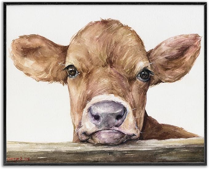 Stupell Industries Cute Baby Cow Animal Watercolor Painting Framed Giclee Art Design By Artist George Dyachenko