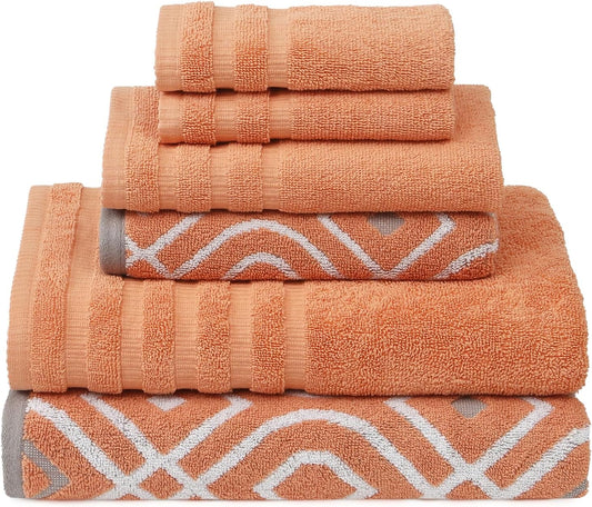 Modern Threads Oxford 6-Piece 100% Cotton Towel Set – Yarn Dyed Jacquard & Solid – Includes 2 Bath Towels, 2 Hand Towels, 2 Washcloths – Absorbent, Quick Dry, Soft & Durable – Orange