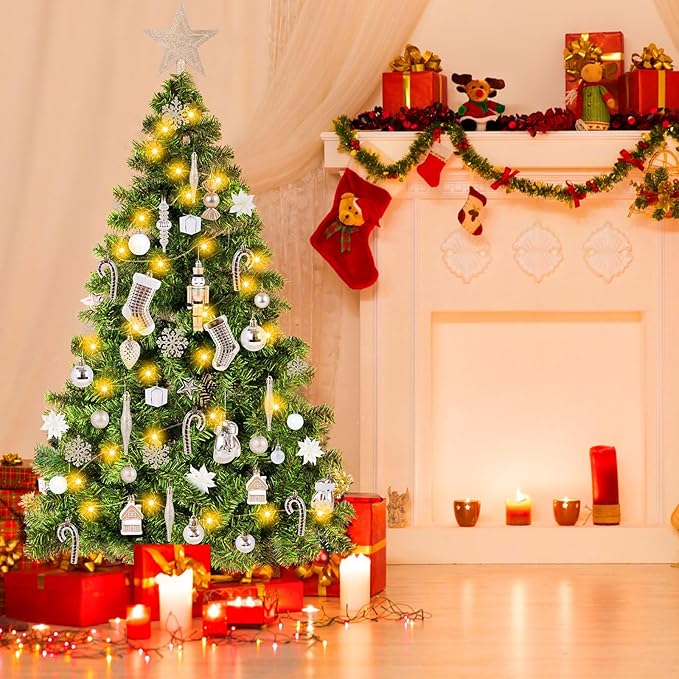 4ft Artificial Christmas Tree with Lights and Ornaments, Small Prelit Xmas Tree with Hanging Balls (8 Modes) for Home Holiday Decoration, Champagne+White