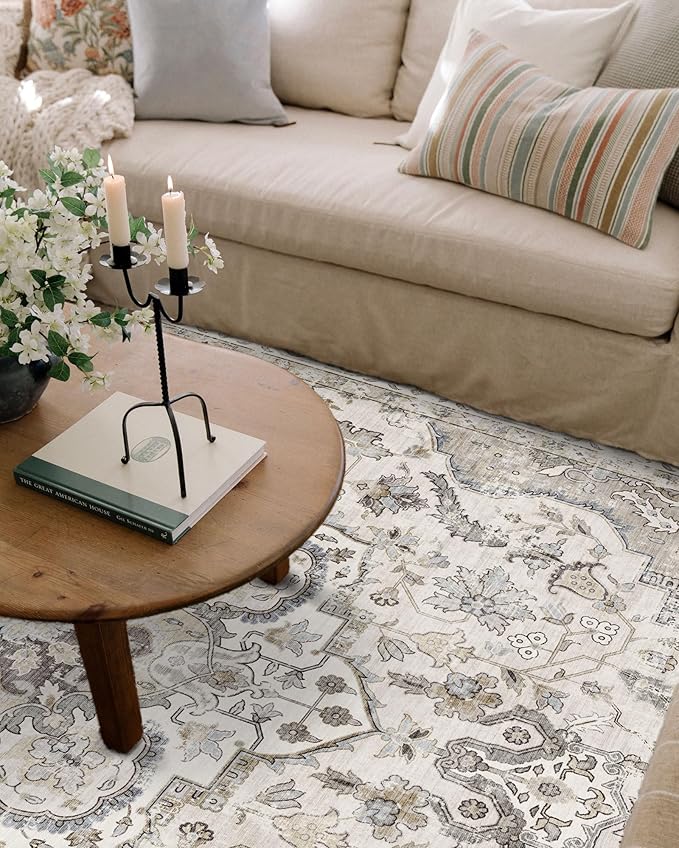 6x9 Area Rug for Living Room - Large Oriental Washable Rugs for Bedroom Non-Slip Cream Stain Resistant Dining Room Rug Farmhouse Low-Pile Carpet Soft Vintage Rug for Office Guest Room