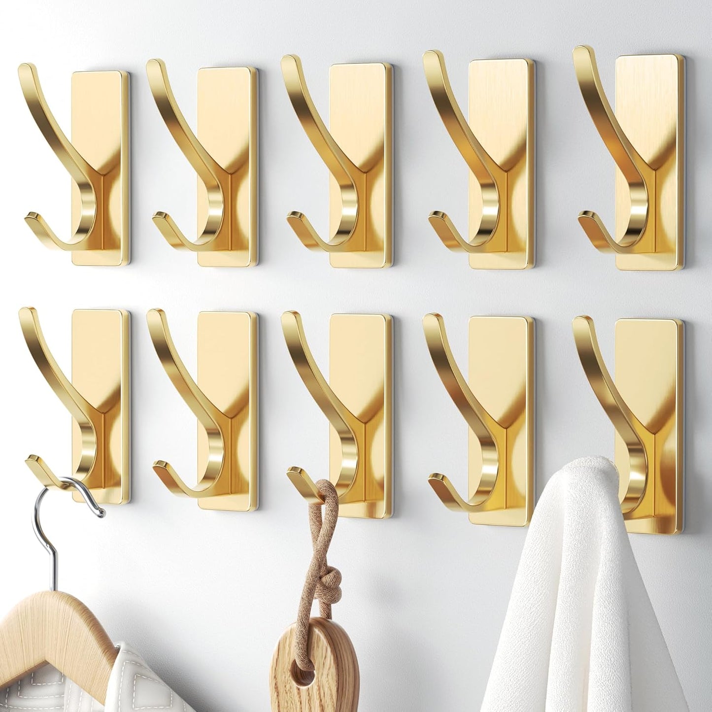 10 Pack Self Adhesive Coat Hooks for Hanging, Heavy Duty Stainless Double Wall Hook for Towel, Backpack, Hat, Sturdy Metal Hanger for Bathroom, Bedroom, Door, Wall Mounted, Brushed Gold