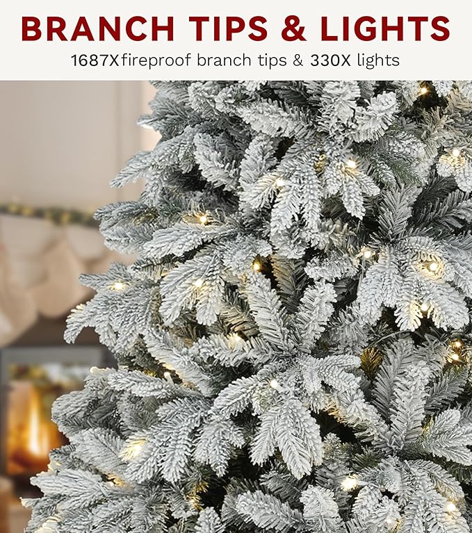 DWVO 7.5ft Pre-Lit Snow Flocked Artificial Christmas Tree, Luxurious Canaan Fir Design with 1687 PE & PVC Branch Tips, 330 Lights for Colorful Home and Office Holiday Decoration with Remote Control