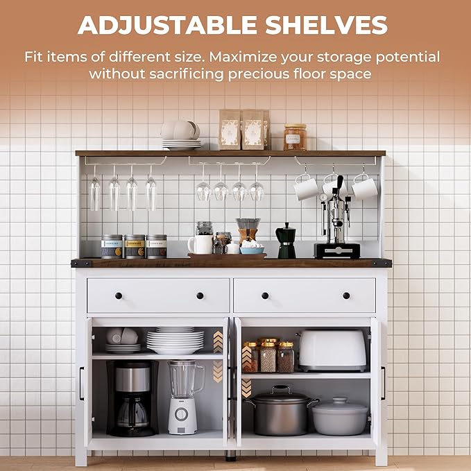 Hutch Storage Cabinet Buffet with Drawers, and Charging Station, Coffee Bar Cabinet with Barn Doors, Wine Rack and Hooks, Countertop, Long Farmhouse, White, for Kitchen, Dining Room, 54.1" High