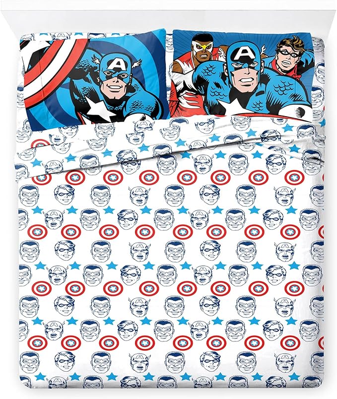 Jay Franco Kids Sheet Set with Fitted, Flat Sheets & Pillow Cover - Ultra-Soft Bedding with Pillowcase for Room Decor, White - Captain America, 4 Piece Full