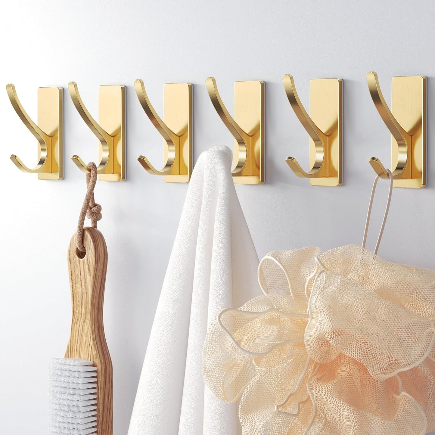 Self Adhesive Coat Hooks for Hanging, Heavy Duty Stainless Double Wall Hook for Towel, Backpack, Hat, Sturdy Metal Hanger for Bathroom, Bedroom, Door, Wall Mounted, 6-Pack, Brushed Gold