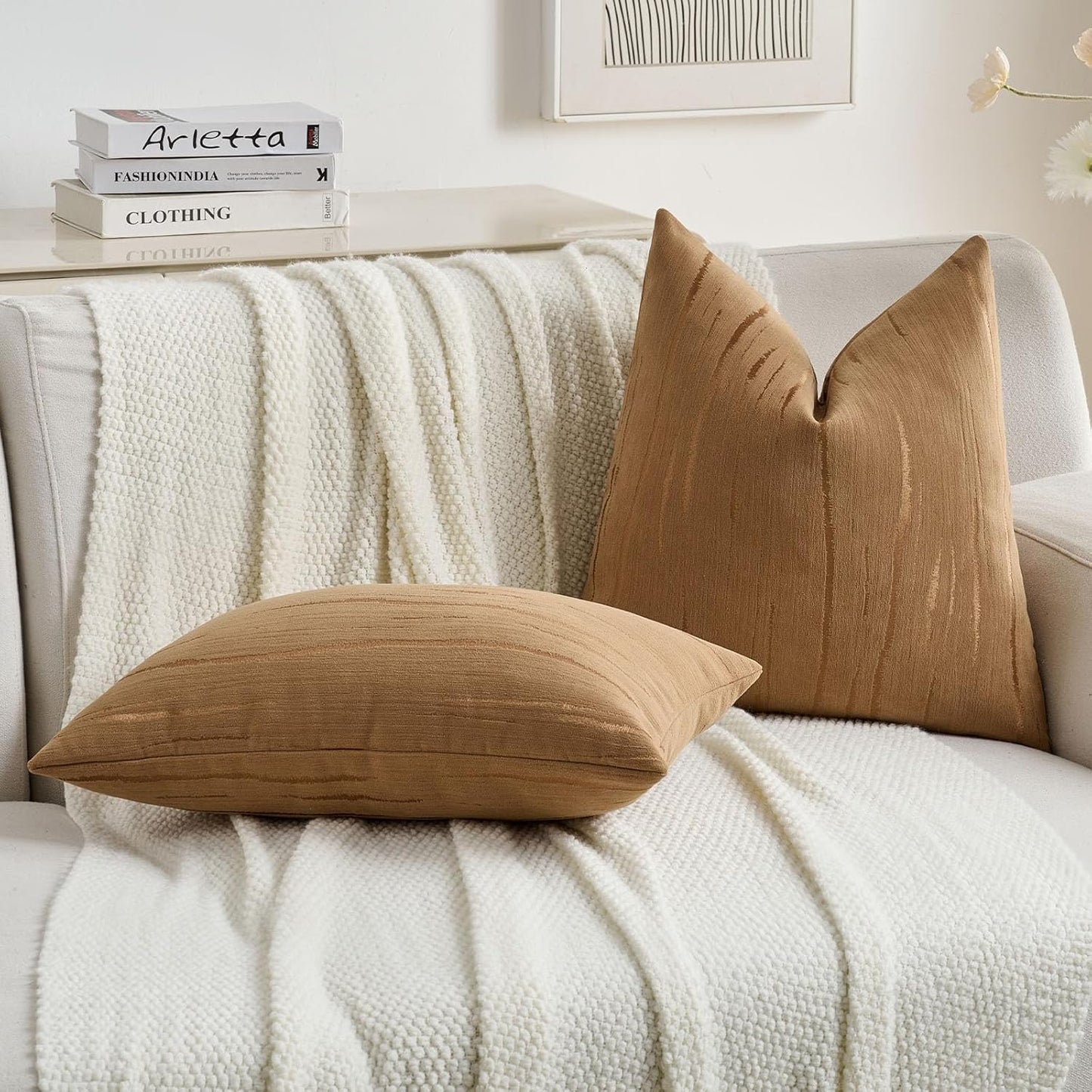 FUTEI Bronze Chenille Decorative Throw Pillow Covers 16x16 Inch Set of 2,Soft Embossed Striped Textured Cushion Case,Modern Home Decor for Couch Bed Living Room