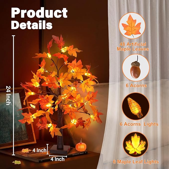 2 Pack 24 Inch Fall Maple Tree with Lights Battery Operated Lighted Tabletop Artificial Tree with Pumpkin Acorn Maple Fall Centerpieces Indoor Fall Decorations for Home Office Thanksgiving Table Decor