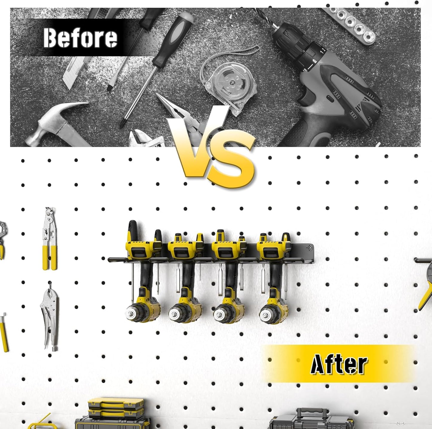 Drill Holder Wall Mount,Power Tool Organizer, 4 Cordless Drill Racks with Screwdriver Hole, Heavy Duty Garage Tool Storage Rack for Workshop Tool Room Basement