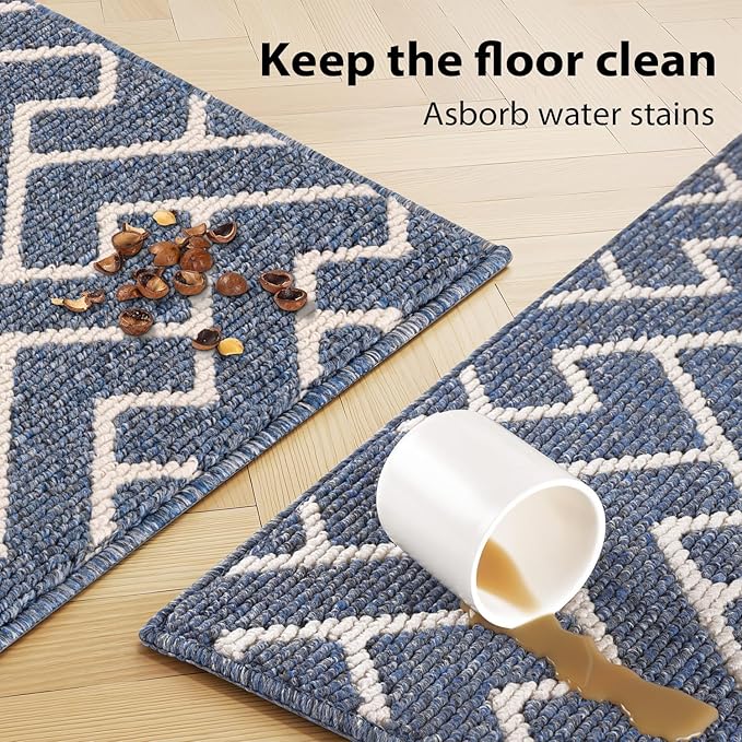 hicorfe Kitchen Rugs and Mats Sets,Non-Slip 2 Pieces Absorbent 100% Polypropylene Rug,Comfort Kitchen Runner Mat,Washable for Kitchen,Sink,Laundry(20" x 31.5" Plus 20" x 48",Navy Blue)