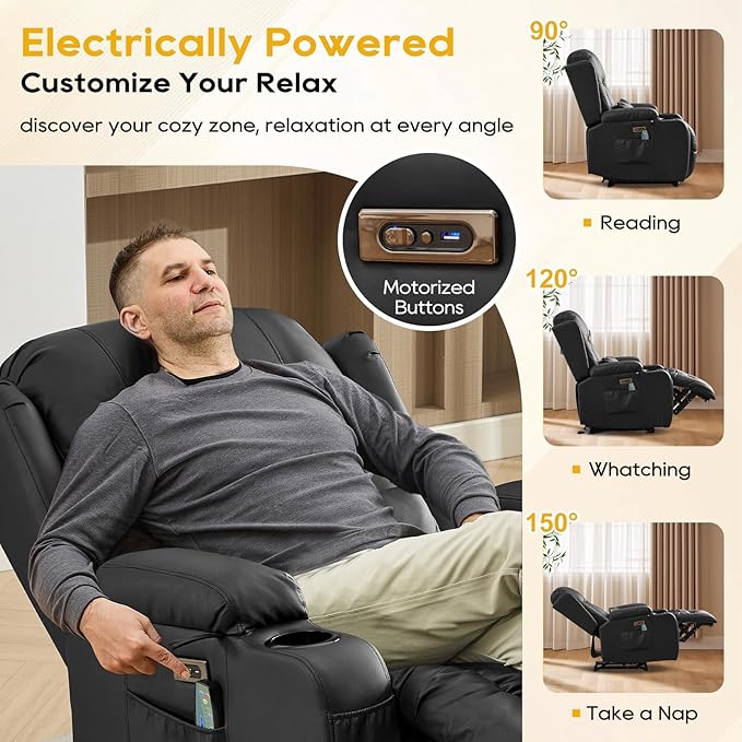 IPKIG Power Recliner Chair, Electric Home Theater Seating with 4 Colors Ambient Lighting/USB Ports/Cup Holders/Side Pockets for Living Room, Bedroom, Home, RVs (Black, Single Chair)
