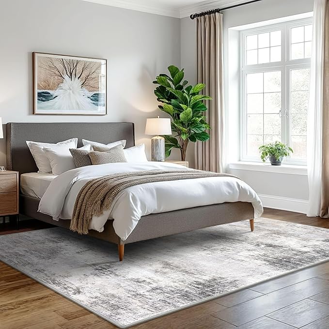 IOHOUZE Abstract Area Rugs 5x7 Ft Washable Rugs for Living Room, Non Slip Dining Room Rug, Printed Faux Wool Rugs for Bedroom, Floor Carpet for Kitchen Nursery Playroom, Grey Beige