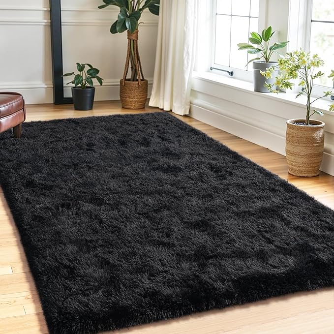 5x7 Black Fluffy Area Rugs for Bedroom, Soft Indoor Plush Rug for Living Room, Large Furry Fuzzy Shag Floor Carpet for Kids Nursery Boys Room Dorm Classroom Home Office Decor Mat