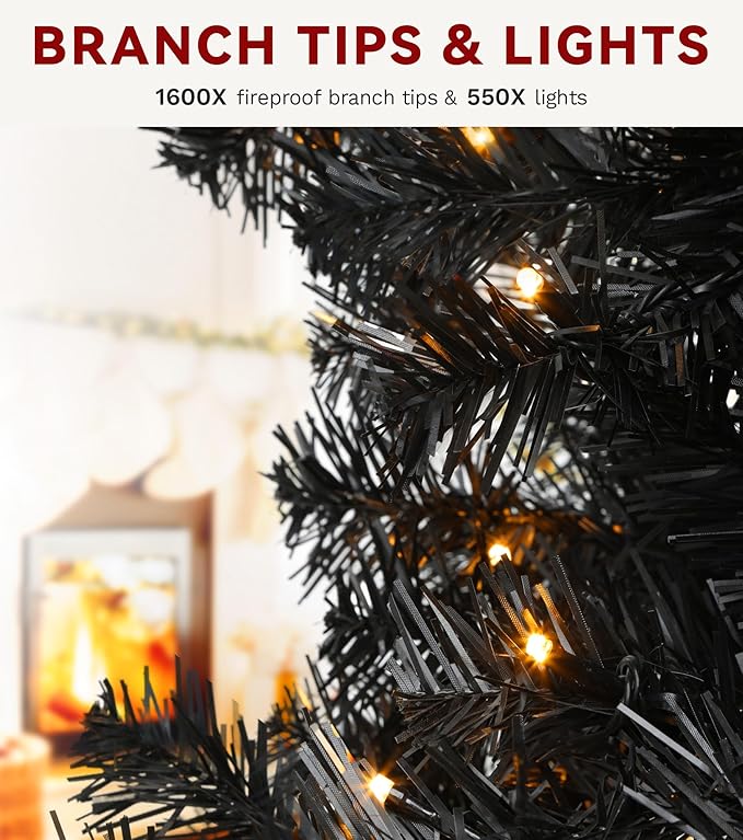 DWVO 7.5ft Pre-lit Black Christmas Tree with Lights, Prelit Halloween ChristmasTtrees with 1600 Tips & 550 UL Listed Lights, Automatic Branches & Easy Assembly with Remote Control for Home Party