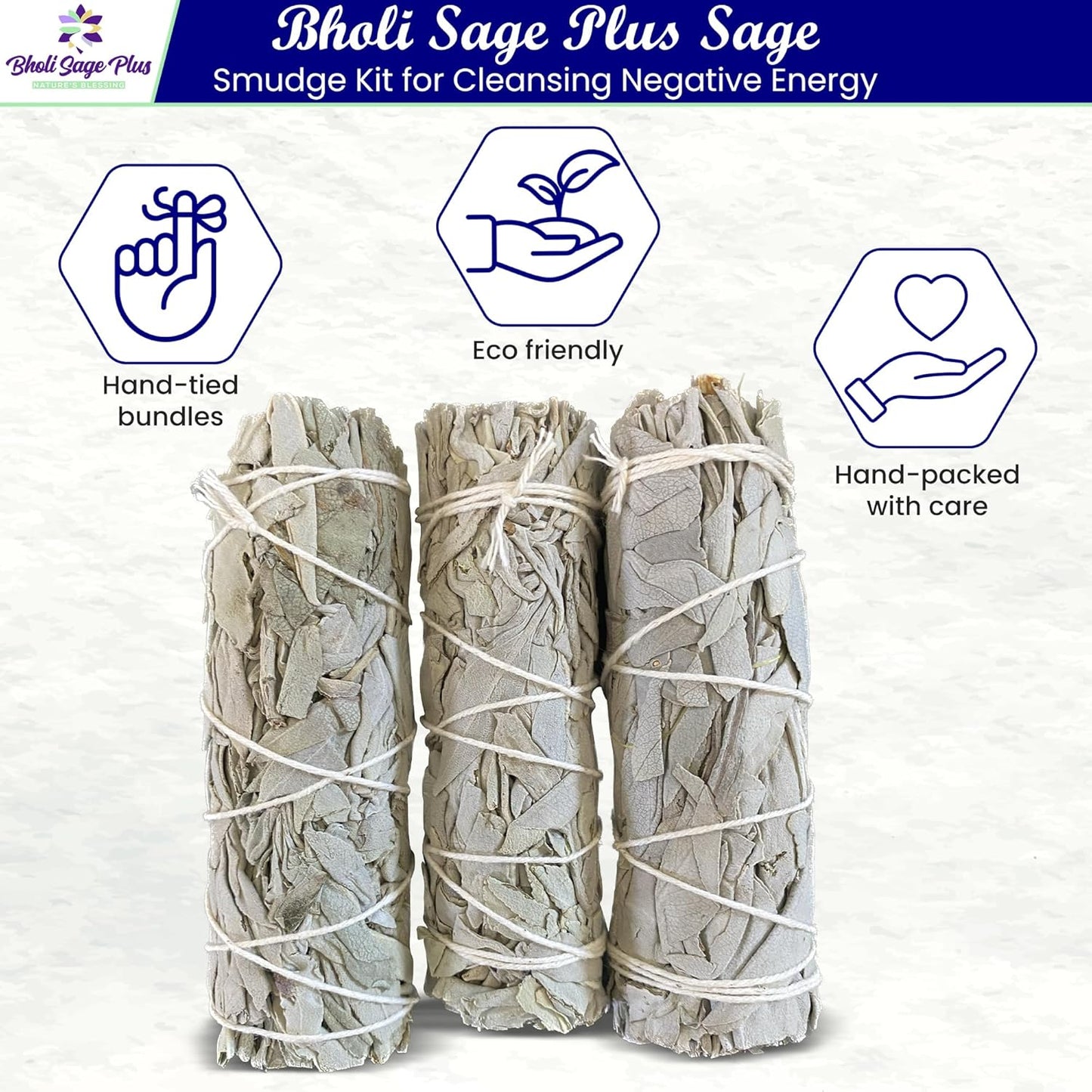 White Sage Sticks Pack of 3, Sage Smudge Kit 4'' Long Dried Sage Sticks for Meditation, Smudging and Cleansing, Getting Rid of Negative Energy