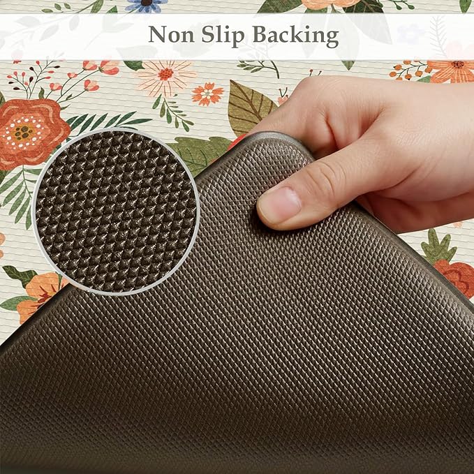 KIMODE Kitchen Mats for Floor Anti Fatigue, White Floral Rugs for Kitchen Floor, Padded Kitchen Floor Mats, Cushioned Kitchen Mats for Floor 2 Piece for Laundry Office Sink Desk 17"x47"+17"x29"