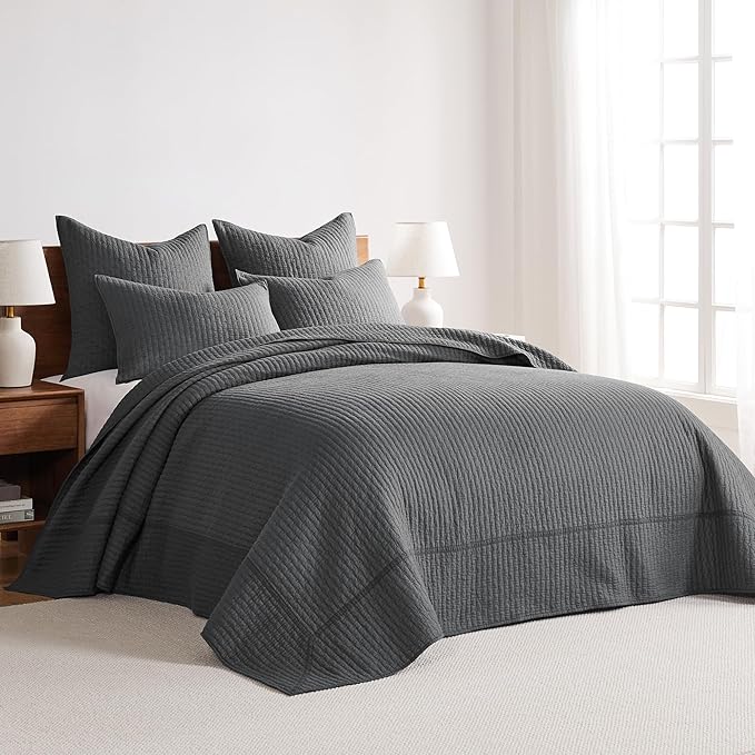 Levtex Home Cross Stitch Reversible Twin Bedspread Set (84x104in) with 1 Pillow Sham (26x20in) - Stitch Texture - Charcoal - Cotton Twin Size Bedspread Set - Lightweight, Soft, Pre-Washed