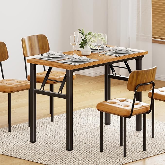 DlandHome Folding Desk Small Desk 31.5 inches Computer Desk for Home Office Folding Table Writing Table for Small Spaces No Assembly Required Teak & Black Frame