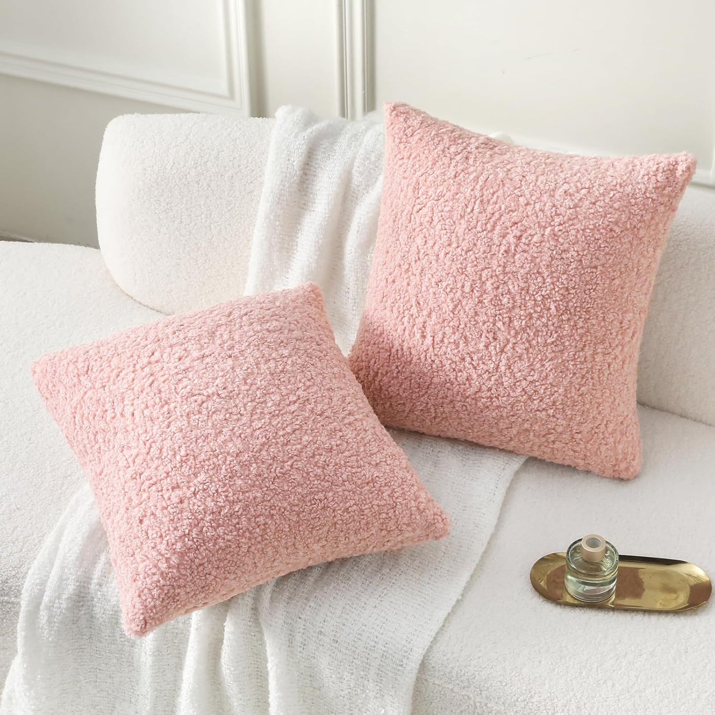 FUTEI Pink Throw Pillow Covers 18x18 Inch Set of 2,Furry Faux Fur Teddy Boucle Textured Cushion Covers,Soft Fluffy Decorative Pillow Case,Home Decor for Couch Bed Living Room Office Car