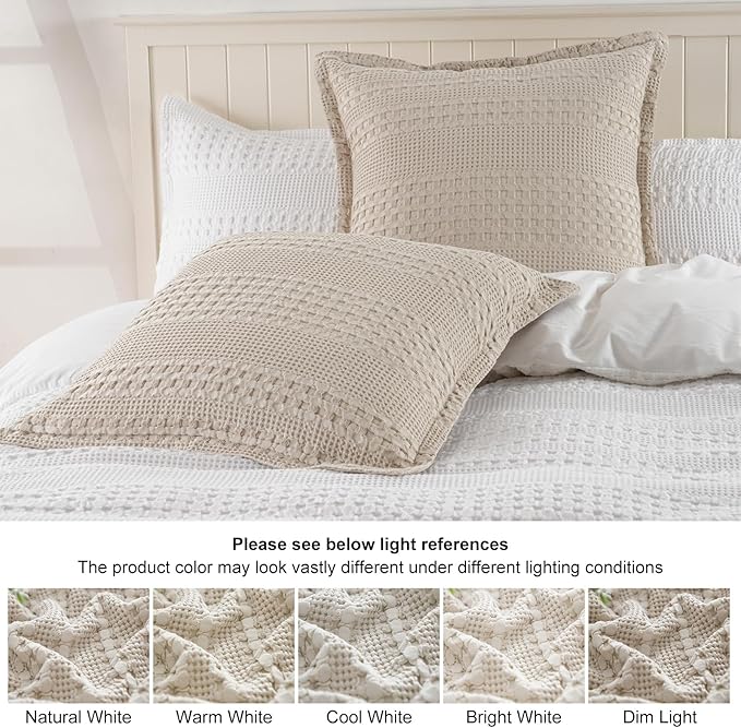 PHF 100% Cotton Ruffle Waffle Weave Euro Sham Covers, 2 Pack 26" x 26" Bed Pillow Covers for Elegant Home Decor, No Filling, Luxury Aesthetic Euro Pillow Cases for Bed, Oatmeal