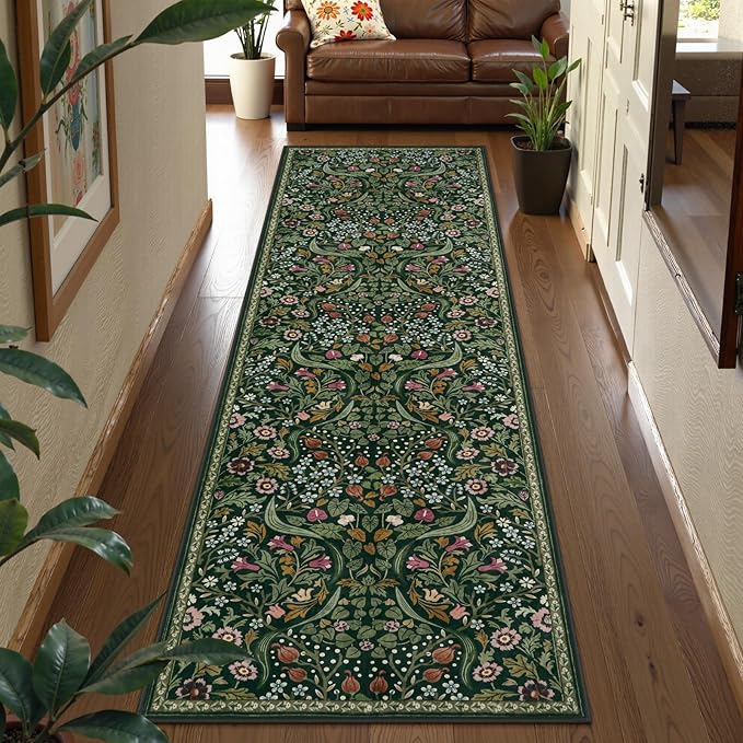 Lahome Floral Kitchen Runner Rug, 2.6x8 Green Non Slip Hallway Runner Rug, Soft Thin Stain Resistant Long Carpet for Laundry, Washable Boho Carpets for Bathroom Entryway