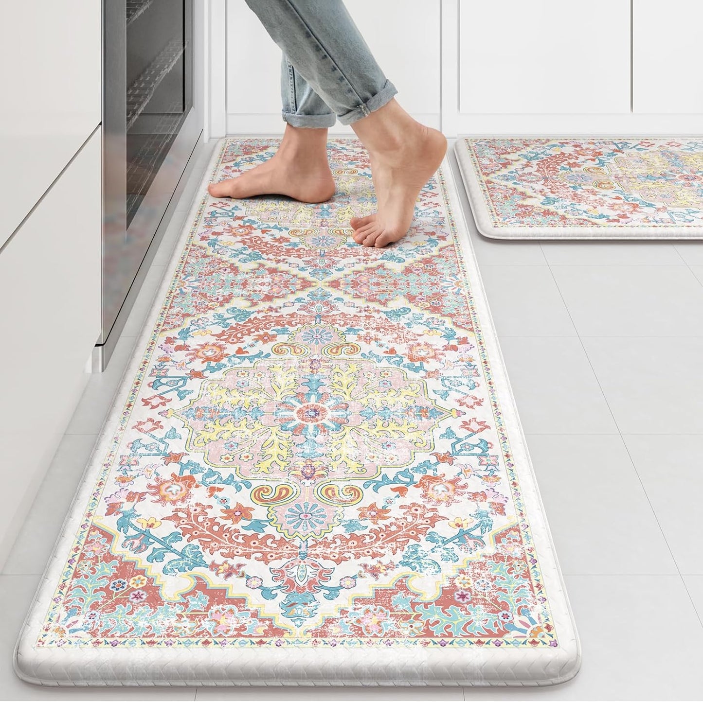 KIMODE Kitchen Mats for Floor, 17"x47"+17"x29" Boho Vintage Kitchen Rugs 2 PCS, Cushioned Anti Fatigue Mats for Kitchen Floor, Non-Slip Kitchen Floor Mats, Sink, Laundry, Office, Desk Pink