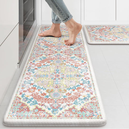 KIMODE Kitchen Mats for Floor, 17"x47"+17"x29" Boho Vintage Kitchen Rugs 2 PCS, Cushioned Anti Fatigue Mats for Kitchen Floor, Non-Slip Kitchen Floor Mats, Sink, Laundry, Office, Desk Pink