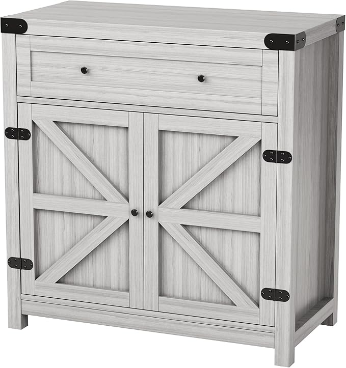 JUMMICO Coffee Bar Cabinet Farmhouse Kitchen Sideboard Buffet Cabinet with Drawer and Adjustable Shelf Barn Door Storage Cabinet for Kitchen, Dining Room, Bathroom, Entryway (Ash Grey)