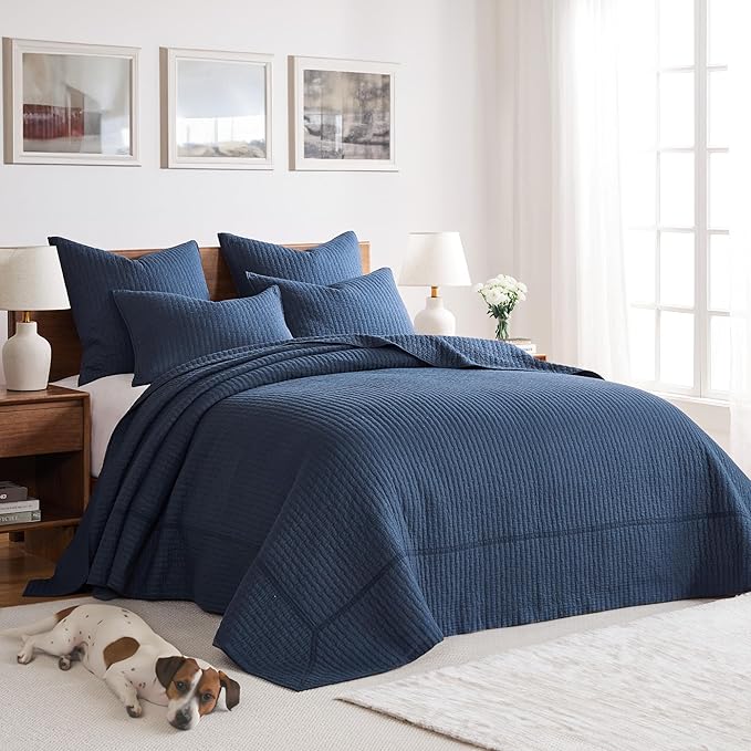 Levtex Home Cross Stitch Reversible Twin Bedspread Set (84x104in) with 1 Pillow Sham (26x20in) - Stitch Texture - Navy - Cotton Twin Size Bedspread Set - Lightweight, Soft, Pre-Washed