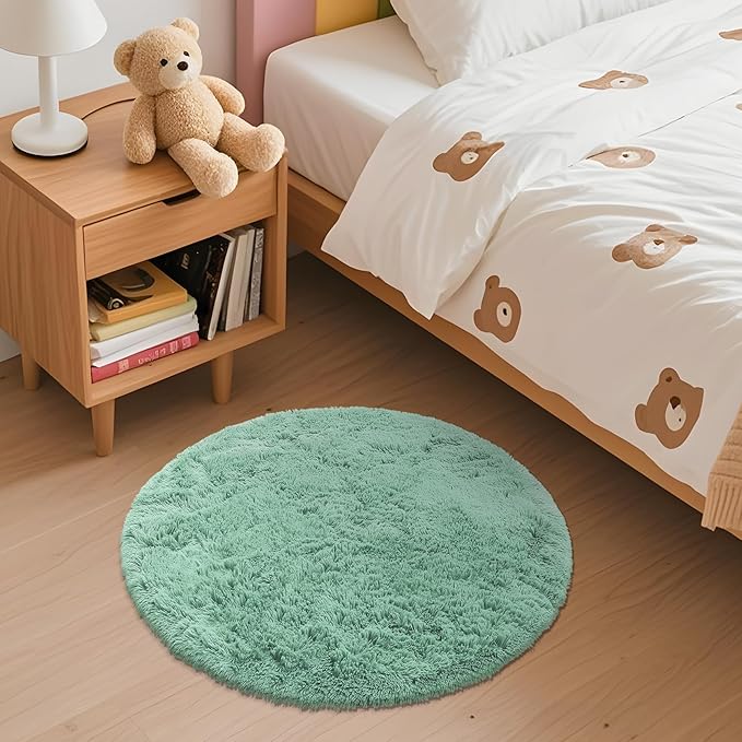OLANLY Mint Green Round Rugs for Bedroom - Machine Washable, 2 ft Circle Area Rugs for Living Room, Soft and Fluffy Shaggy Carpet for Teen Girls and Boys, Nursery Rooms, Dorms, Home Decor Aesthetic