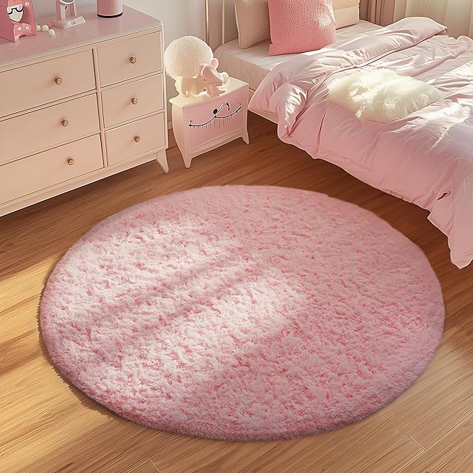 Ophanie Pink Round Rug for Bedroom Girls, Kids Fluffy Kawaii Fuzzy Furry Shag Area Rug, Cute Plush Soft Shaggy Bedside Circular Rugs 4Ft, Carpet for Teen Nursery Dorm Home Room Decor Aesthetic