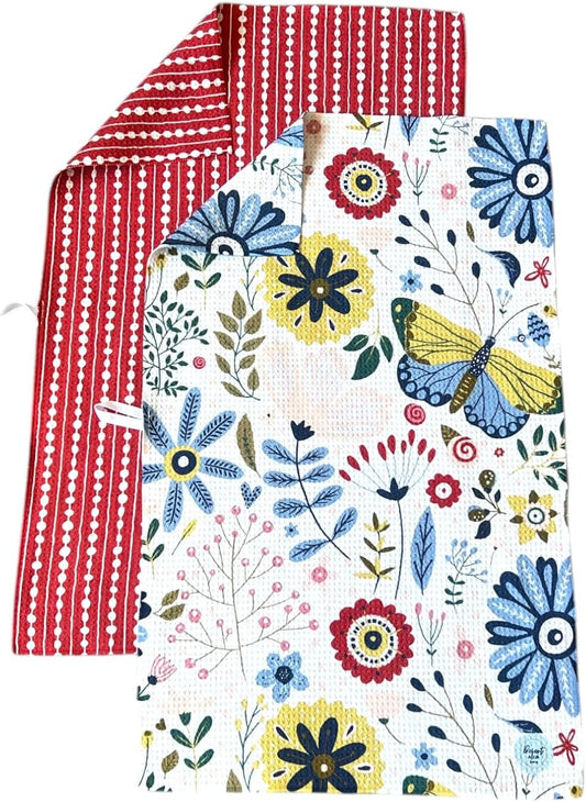 || 2 Pack Double Sided|| Not Your Ordinary Dish Towels || Waffle Weave Microfiber || Tea Towels || Highly Absorbent || Hanging Loop || Dish Cloths|| Designer Prints|| Flower Garden