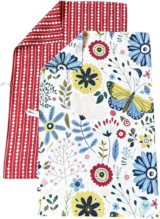 || 2 Pack Double Sided|| Not Your Ordinary Dish Towels || Waffle Weave Microfiber || Tea Towels || Highly Absorbent || Hanging Loop || Dish Cloths|| Designer Prints|| Flower Garden