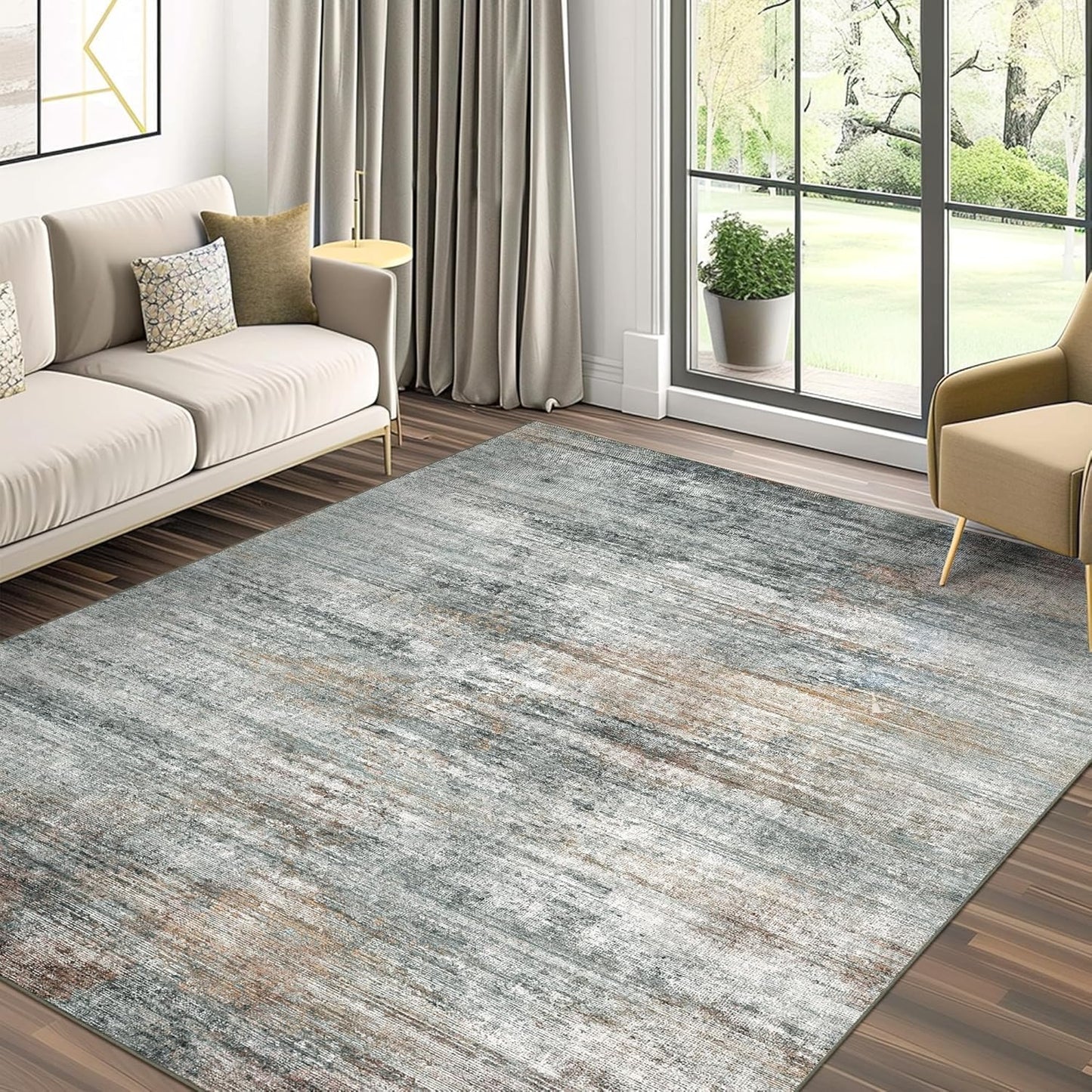 Area Rugs 9x12 for Living Room Bedroom, Modern Abstract Machine Washable Rug, Large Soft Low Pile Floor Cover with Non Slip Backing for Dining Room, Ash Gray Brown