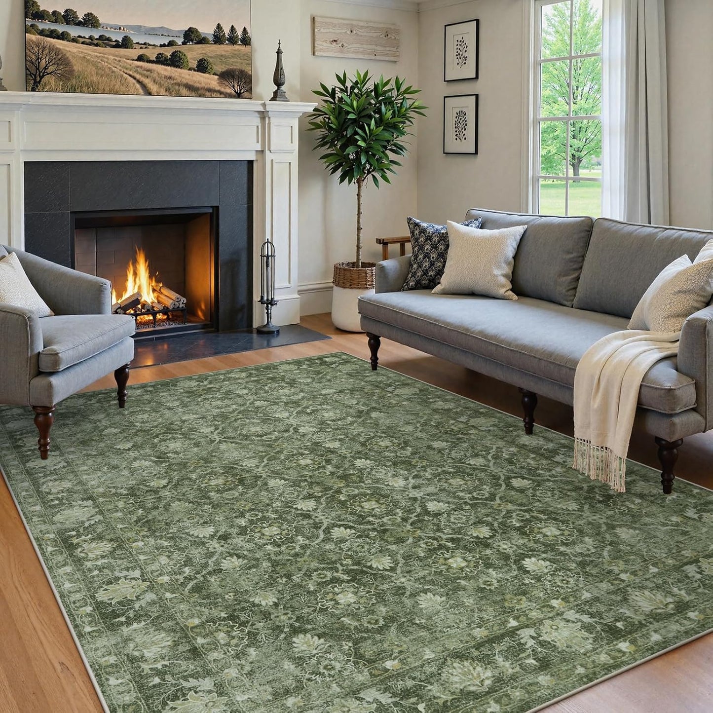 Boho 5x7 Green Rugs for Bedroom, Non Slip Washable Living Room Area Rug, Soft Low Pile Emerald Carpet for Dining Guest Room Office Playroom Nursery (5'x7', Dark Green)