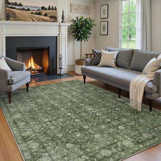 Boho 5x7 Green Rugs for Bedroom, Non Slip Washable Living Room Area Rug, Soft Low Pile Emerald Carpet for Dining Guest Room Office Playroom Nursery (5'x7', Dark Green)