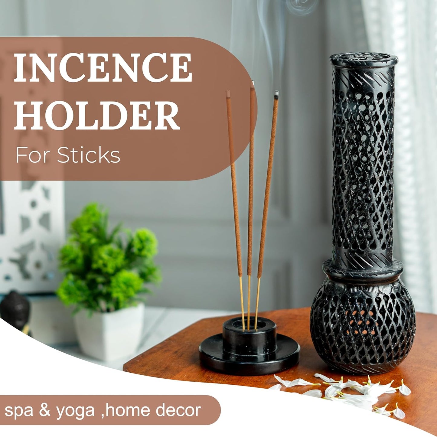 Crocon Handmade Black Marble Soapstone Incense Stick Burner Round Shape Jali and Handi Design Tower Burner | Candle Stick Holder | Decorative Home & Kitchen Best Gift Size - (2.7X2.7X9.4 Inch)