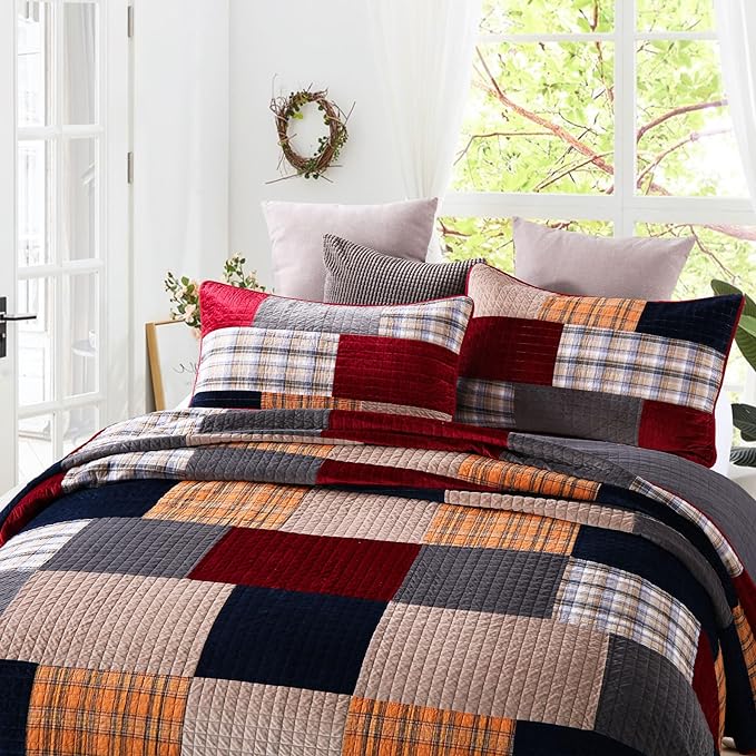 Secgo California King Comforter Set for Bed - 100% Cotton Quilts Cal King Size, Black Bedspreads (120 * 110 Inch) with 2 Pillow Shams, Patchwork Reversible Lightweight Bedding