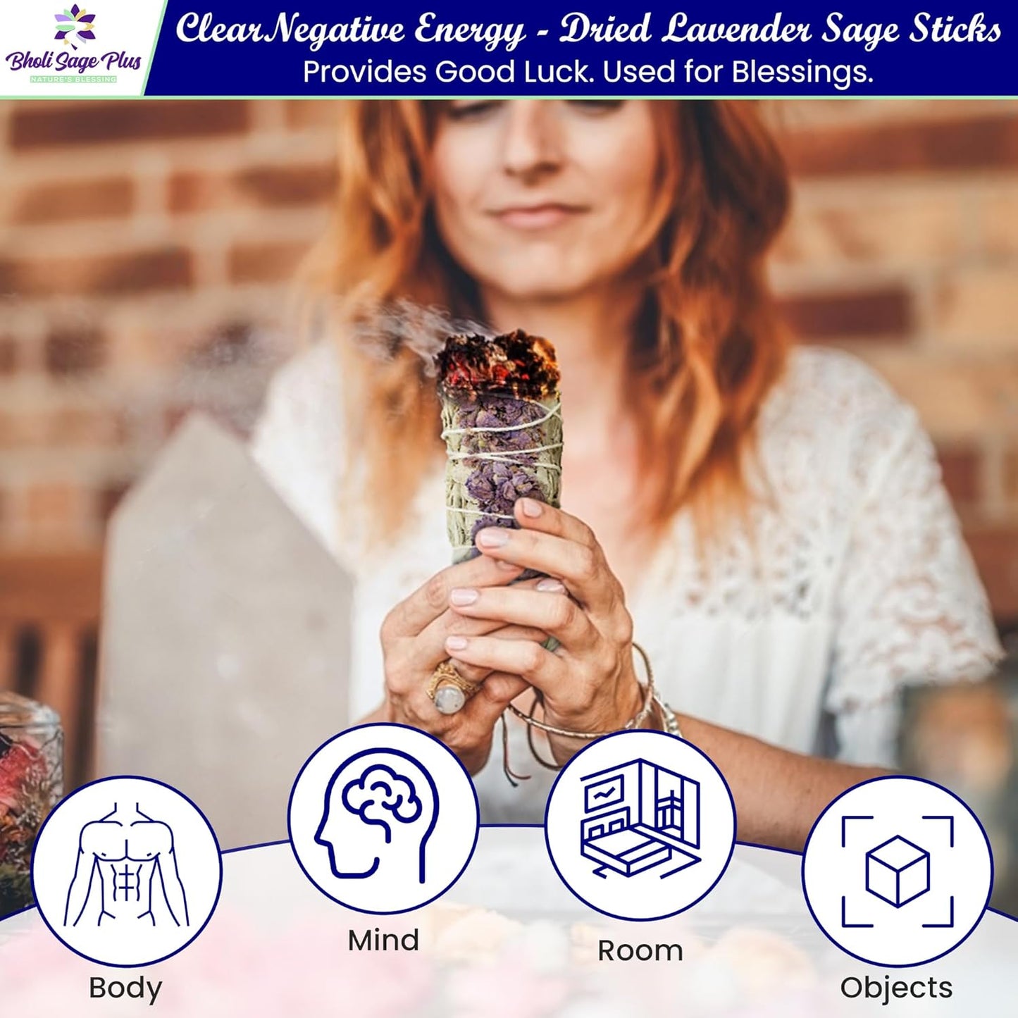 Lavender with White Sage - Bholi Sage Plus Sage Incense Sticks for Cleansing Negative Energy, Sage Sticks for House Cleansing - Lavender with White Sage Smudge Sticks Pack of 4
