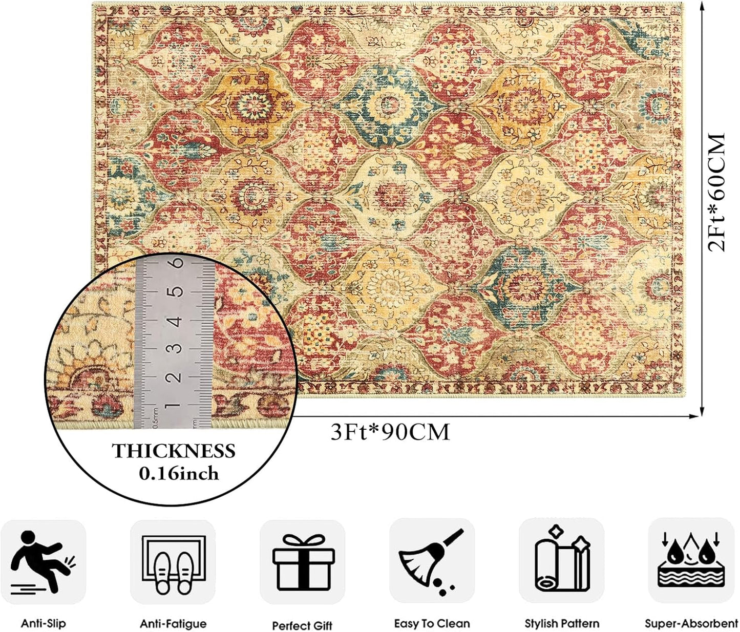 Lahome Moroccan Trellis Washable Rug, 2x3 Bathroom Rugs for Kitchen Entryway, Non-Slip Indoor Door Mat Ultra-Thin, Small Oriental Throw Carpet for Bedroom Entry, Red/Orange