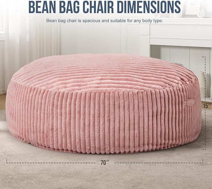 Hobestluk 6ft Bean Bag Chairs for Adults Large Beanbag Chair with Stripe Plush Cover Big Bean Bag Chair for Living Room Bedroom Dorm Office - Pink (70" x 70" x 15")