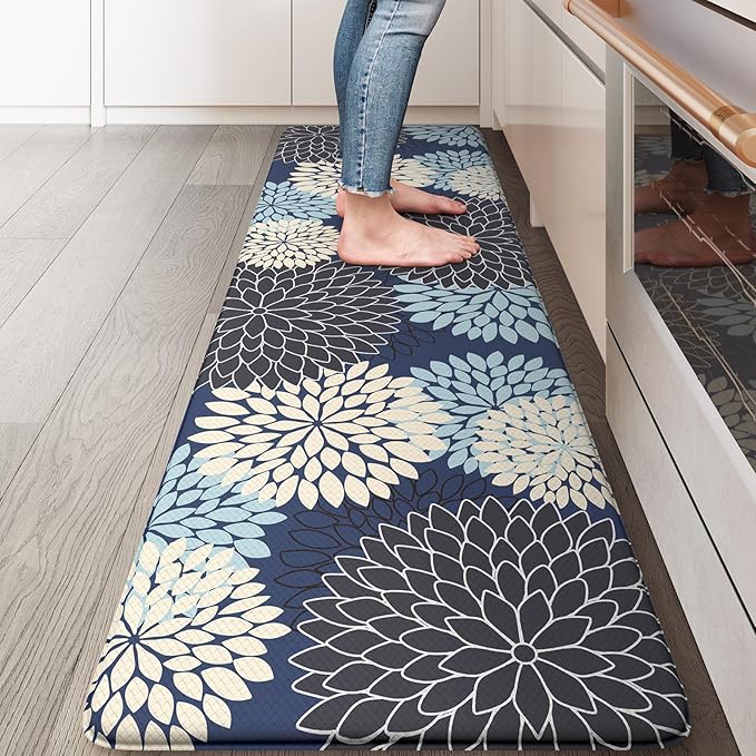 KIMODE Anti Fatigue Kitchen Mat, Cushioned Floral Kitchen Runner, Non Slip Memory Foam Kitchen Mat for Floor, Waterproof Standing Desk Mat for Laundry, Office, Sink Mutil-Blue 17.3"x59"