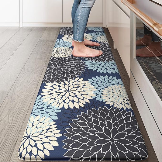 KIMODE Anti Fatigue Kitchen Mat, Cushioned Floral Kitchen Runner, Non Slip Memory Foam Kitchen Mat for Floor, Waterproof Standing Desk Mat for Laundry, Office, Sink Mutil-Blue 17.3"x59"