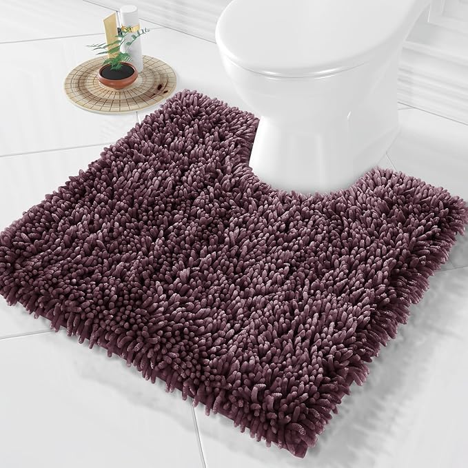 Yimobra Toilet Rugs U Shaped Washable, Extra Thick Soft Absorbent Chenille Contour Bathroom Rugs for Toilet 24x24 Inch, Quick Dry Non Slip Toilet Mat for Bath Floor, Purple Grey