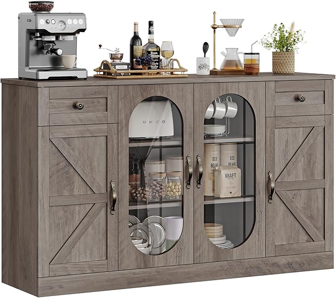 Keyluv Buffet Cabinet 55" Large Storage Coffee Bar with Drawer and Shelves, 3 Spacious Shelves Behind Glass Doors Sideboard Cabinet, Farmhouse Furniture for Kitchen/Dining/Living Room, Washed Brown