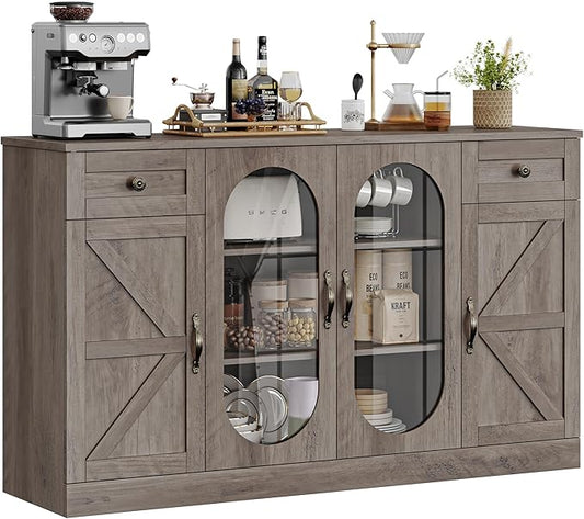 Keyluv Buffet Cabinet 55" Large Storage Coffee Bar with Drawer and Shelves, 3 Spacious Shelves Behind Glass Doors Sideboard Cabinet, Farmhouse Furniture for Kitchen/Dining/Living Room, Washed Brown