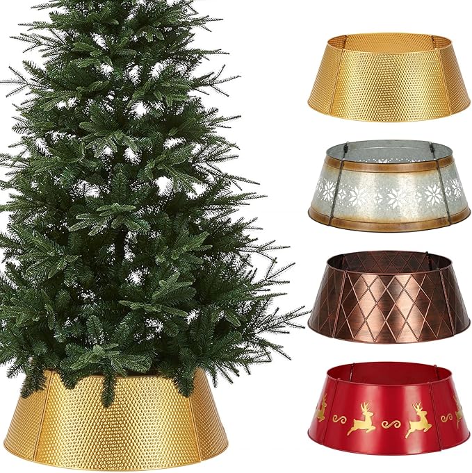 SUNNYPARK Metal Christmas Tree Collar Decoration, 23’’D Golden Christmas Tree Ring with Rhomboid-Patterned Basket Base Cover - Golden