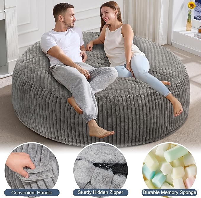 Hobestluk 6ft Bean Bag Chairs for Adults Large Beanbag Chair with Stripe Plush Cover Big Bean Bag Chair for Living Room Bedroom Dorm Office - Grey (70" x 70" x 15")
